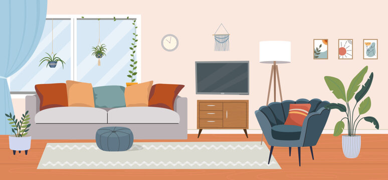 Living room interior. Comfortable sofa, TV,  window, chair and house plants. Vector flat cartoon illustration