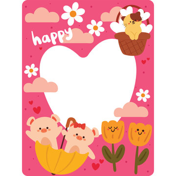cute hand drawing frame with pink theme and animal drawing. cute frame design for card holder, photo card