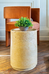 Still life of a potted plant sits on a biege round coffee table with an orangeb chair behind in a living room. The table is made of marble, and it has a round top and a pedestal base