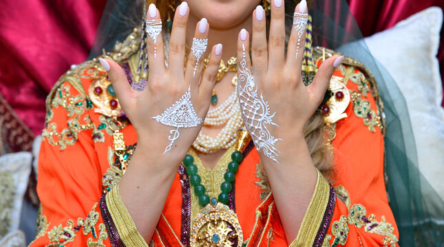 moroccan Wedding Close up on Hand With White Henna