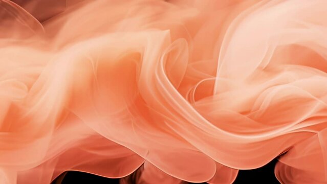 Realistic thick trendy peach smoke moving on black background. Abstract animation with zoom effect. AI generated content. High quality 4k footage.