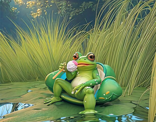 Fototapeta premium Little cute frog in sunglasses shorts and shirt eats ice cream while resting on lake in forest