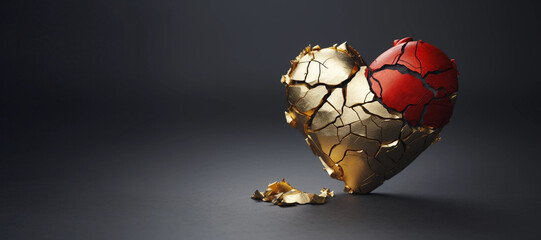 Gebrochenes rotes Herz im Stil von Kintsugi mit Gold geflickt vor grauem Hintergrund - obrazy, fototapety, plakaty