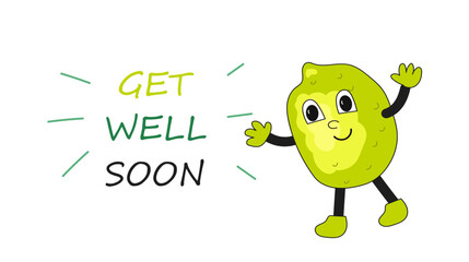 Get well soon. Retro character lemon in trendy groovy 70s style. Vector cartoon illustration.