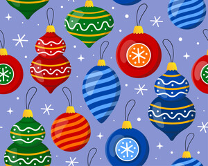 Seamless pattern with colorful Christmas balls on a blue background. New year's toys, decor for christmas tree, snowflakes. Pattern for New Year's wrapping paper, cards, decor, fabric.