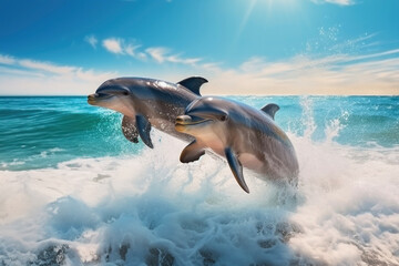 Obraz premium Dolphins jump out of the sea wave