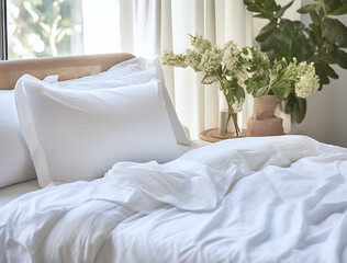 Fototapeta na wymiar Closeup on a bed with white pillows near some plants