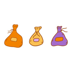Set of fabric yellow, orange and purple bags for storing herbs, spices or things, tied with thread and with labels. Colorful vector isolated illustration hand drawn doodle with contour clip art
