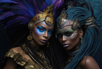african women with purple facial makeup and feathers