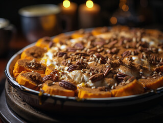 Macro shot of freshly baked sweet potato yams casserole with walnuts, marshmallow, cinnamon, nutmeg