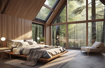 Cozy cabin bedroom interior with big windows