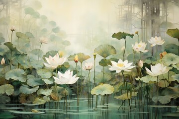 hand-drawn watercolor painting of a beautiful lotus lake. Landscape painting with blooming lotus flowers, pink petals, buds, large leaves, aquatic plants Generative AI - obrazy, fototapety, plakaty