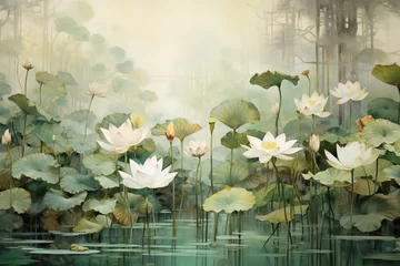 Poster hand-drawn watercolor painting of a beautiful lotus lake. Landscape painting with blooming lotus flowers, pink petals, buds, large leaves, aquatic plants Generative AI © STF Design 
