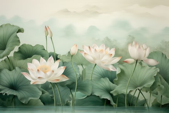 hand-drawn watercolor painting of a beautiful lotus lake. Landscape painting with blooming lotus flowers, pink petals, buds, large leaves, aquatic plants Generative AI