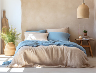 Scandinavian interior design of modern bedroom in beige and blue color