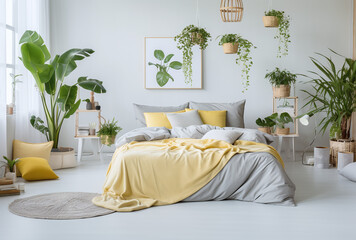 Scandinavian interior design of modern bedroom in white and yellow colors with many plants
