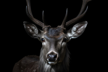 A close-up portrait of a deer with antlers on a black background