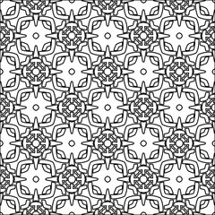 
Black lines on white background.
Wallpaper with figures from lines. Abstract patterns. Black  pattern for web page, textures, card, poster, fabric, textile. Monochrome design. 