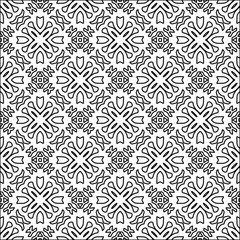 Black lines on white background.
Wallpaper with figures from lines. Abstract patterns. Black  pattern for web page, textures, card, poster, fabric, textile. Monochrome design. 