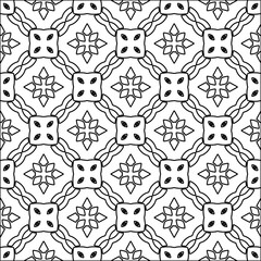 Black lines on white background.
Wallpaper with figures from lines. Abstract patterns. Black  pattern for web page, textures, card, poster, fabric, textile. Monochrome design. 