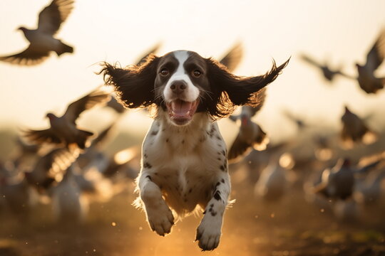 Happy hunting dog of spaniel breed chasing wild flying birds at nature