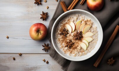gluten free oatmeal with almond milk and apple - obrazy, fototapety, plakaty