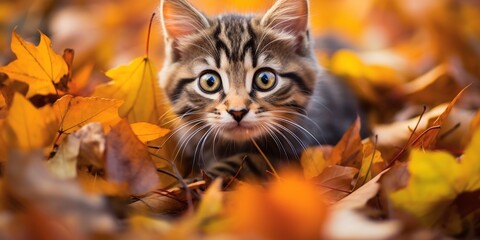 Naklejka na ściany i meble A curious kitten playing in autumn leaves.