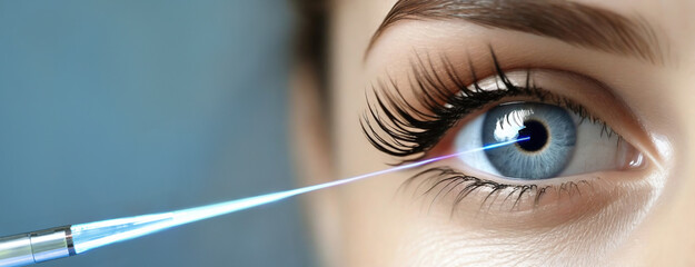 Human eye with a laser beam directed onto it, precision and high-technology involved in corrective...