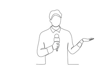 A continuous one-line image of a TV news anchor. The news anchor broadcasts the news with the reporter live on screen. with the male anchor reading the news in the field. Journalist or reporter holdin