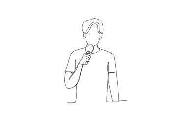 A continuous one-line image of a TV news anchor. The news anchor broadcasts the news with the reporter live on screen. with the male anchor reading the news in the field. Journalist or reporter holdin
