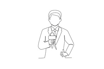 A continuous one-line image of a TV news anchor. The news anchor broadcasts the news with the reporter live on screen. with the male anchor reading the news in the field. Journalist or reporter holdin