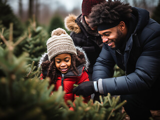 Candid lifestyle of a family picking out a christmas tree at a local tree farm in the winter