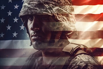 Portrait of a soldier in a military uniform on the background of the American flag