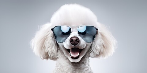 White poodle dog breed wear sunglasses smile and happiness. Generative ai