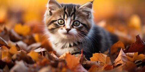 A playful kitten in a landscape of golden autumn leaves.