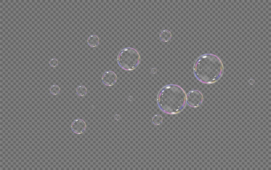 Realistic soap vector bubbles png isolated on transparent background. The effect of falling and flying bubbles. Glass bubble effect.	
