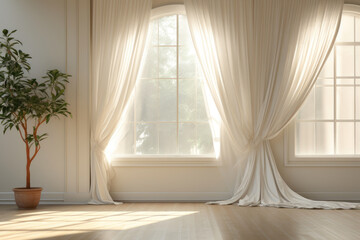 Urban Tranquility: White Curtains Dancing in Backlit Room