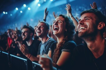 A group of people sitting in a crowd at a concert. Suitable for event promotions and live music advertisements - obrazy, fototapety, plakaty