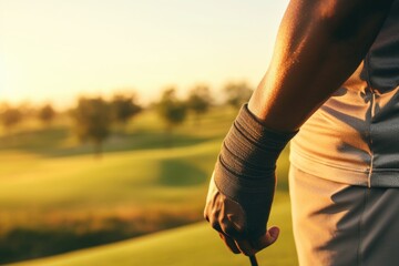 A man is pictured holding a golf club on a golf course. This image can be used to depict golfing, sports, leisure activities, or outdoor recreation - obrazy, fototapety, plakaty