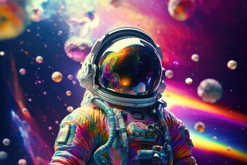 A man wearing a space suit stands in front of a vibrant and colorful background. This image can be used to depict space exploration, futuristic technology, or the concept of adventure