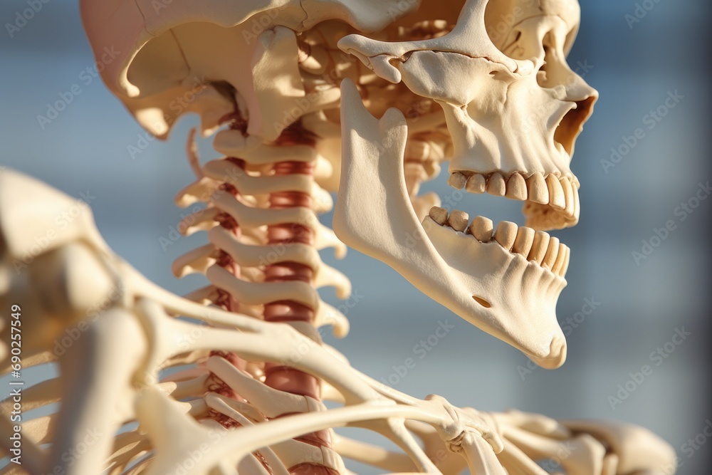 Poster a model of a human skeleton with the head and neck visible. this image can be used for educational p