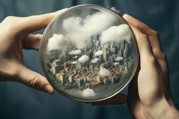 A person holds a mirror with a picture of a city. Suitable for use in illustrating concepts of reflection, urban life, and self-reflection