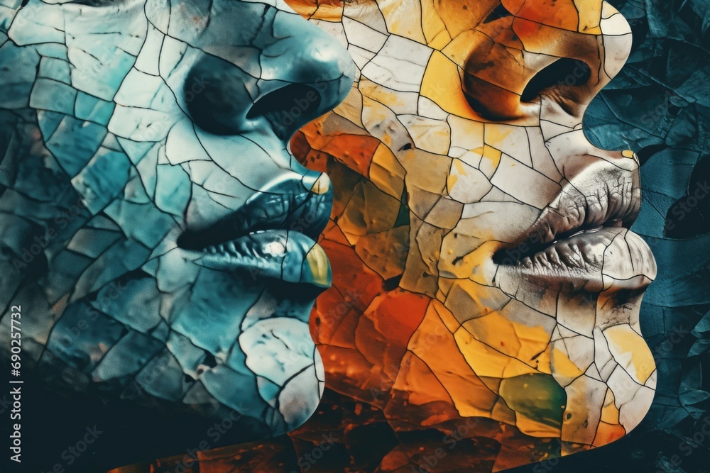 Poster A detailed close-up of a person's face with a unique mosaic design. This image can be used for various artistic and creative projects