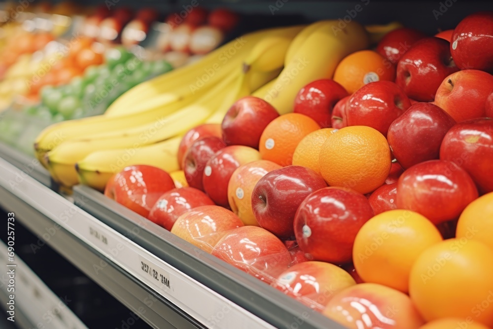 Aufkleber Fresh and colorful apples and oranges displayed in a store. Perfect for grocery store advertisements or healthy eating concepts