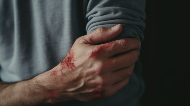 A picture of a man with a wound on his arm. This image can be used to illustrate medical emergencies, first aid, or healthcare situations