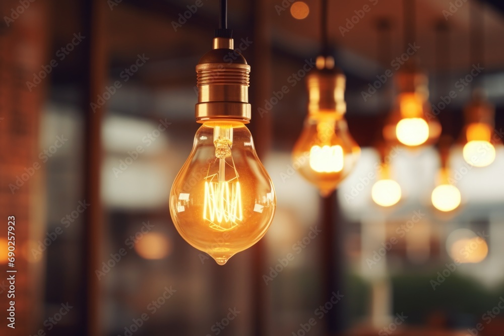 Poster A cluster of light bulbs suspended from the ceiling, providing both functional lighting and a stylish decorative element. Ideal for adding a unique touch to any space.