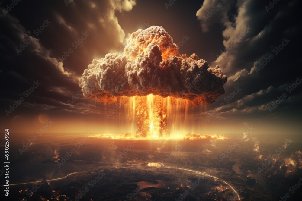 Aufkleber A powerful and destructive mushroom cloud rising in the sky. This image captures the aftermath of a massive explosion.