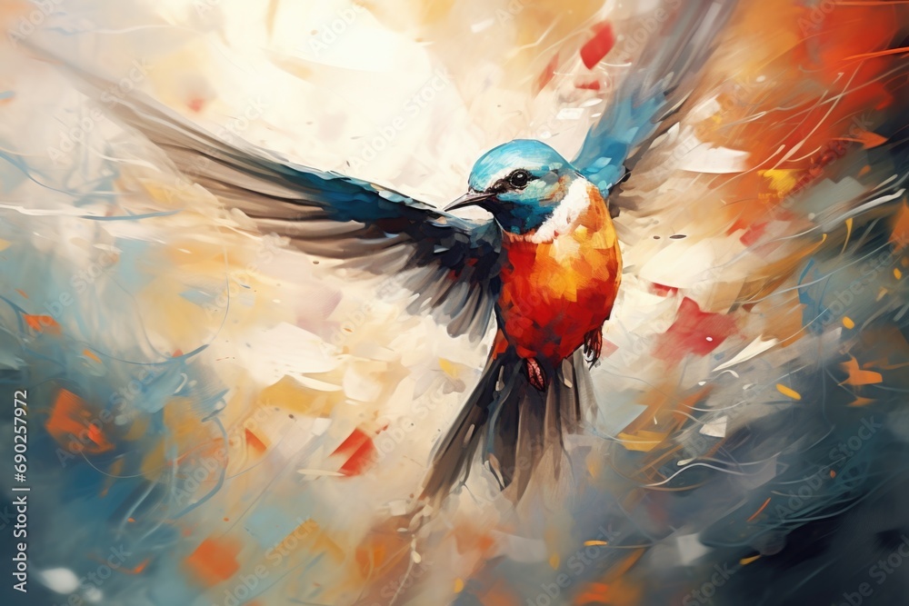 Poster A painting of a colorful bird in flight. Suitable for various creative projects