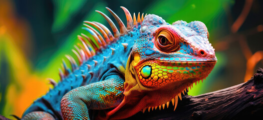 Obraz premium Multicolored iguana on a branch, detailed scales in focus with a bokeh background of greens and oranges.