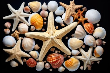 A circular arrangement of shells and starfish on a black background. Perfect for beach-themed designs and coastal decorations